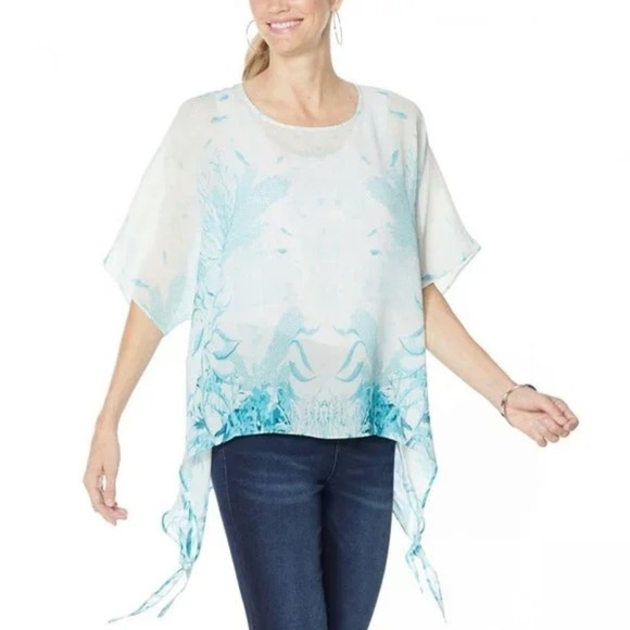 🐟🌊🐬 Colleen Lopez Women's Chiffon Poncho Top Blouse Under the Sea Aqua Blue M - Picture 1 of 9